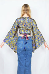 Gemini Wrap Top -  Vintage Sari - Precious Azure & Olive Paisley - S/M