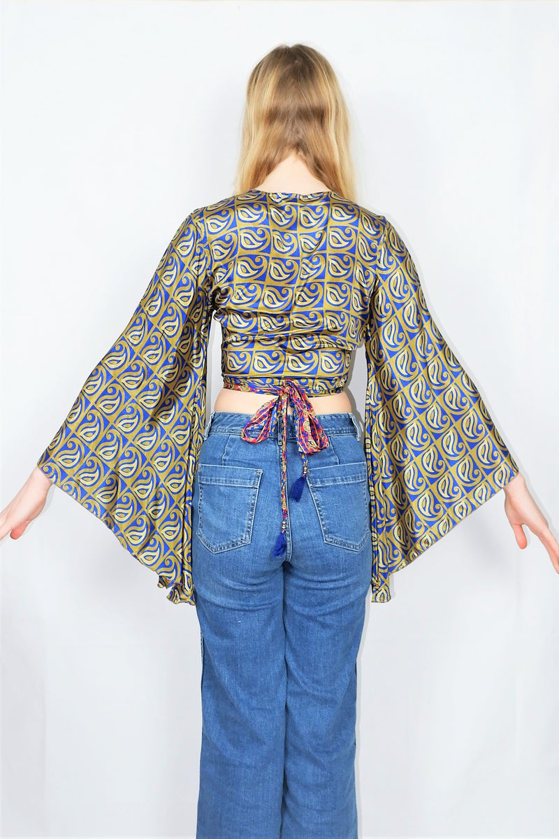 Gemini Wrap Top -  Vintage Sari - Precious Azure & Olive Paisley - S/M