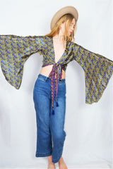 Gemini Wrap Top -  Vintage Sari - Precious Azure & Olive Paisley - S/M