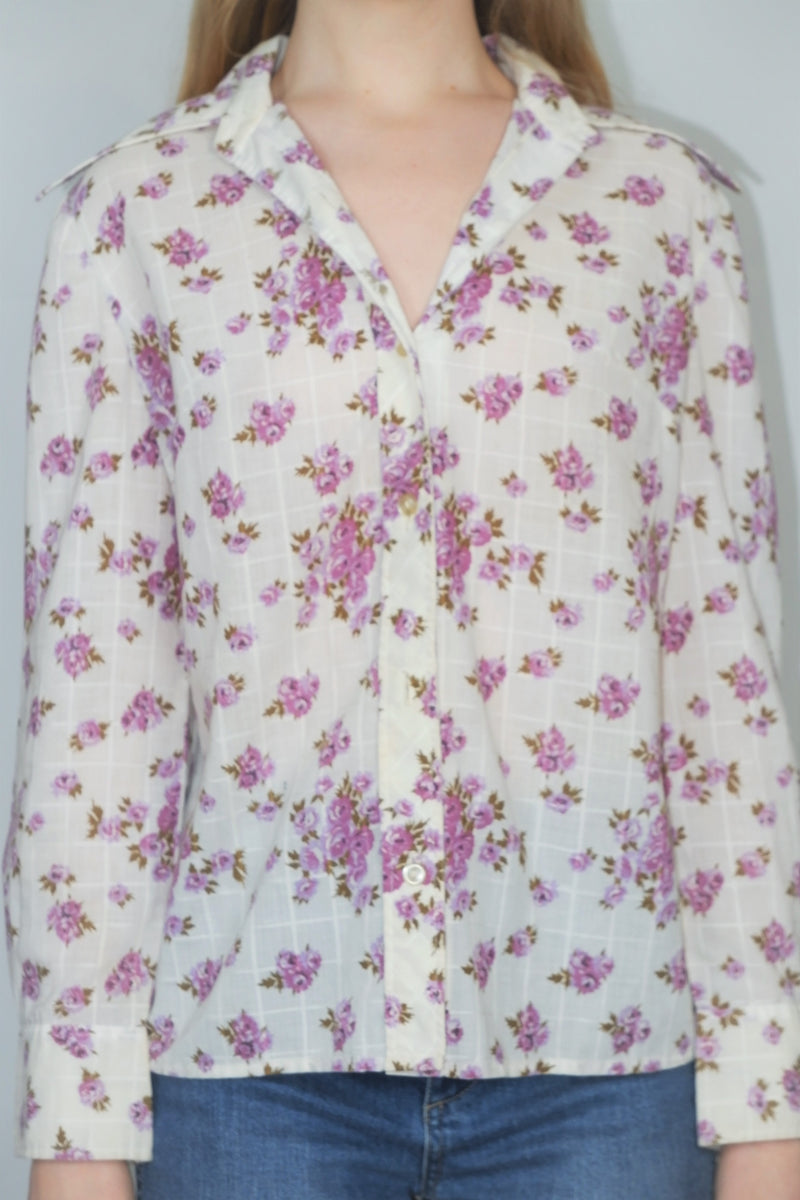 70's Vintage - Snow & Lilac Rose print Shirt - Size S/M