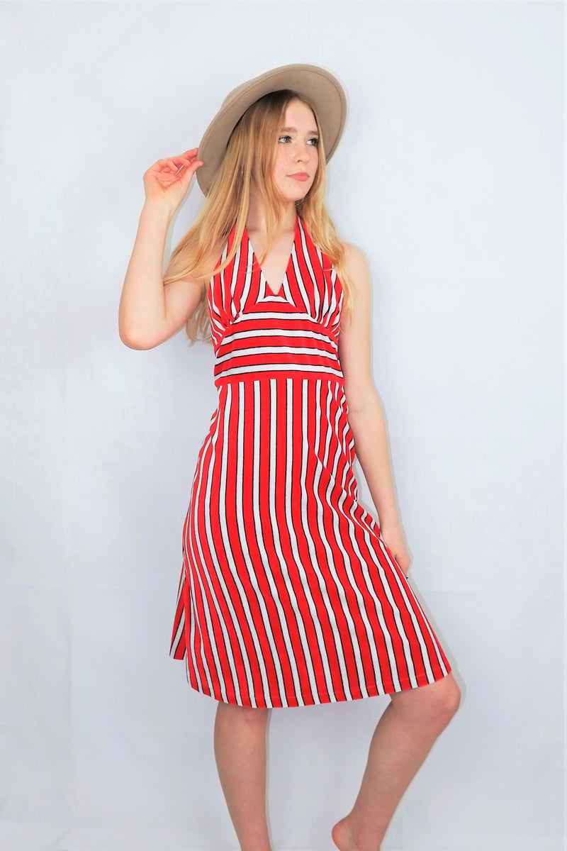 70's Vintage - Candy Red & White Striped Strappy Sundress - Size S