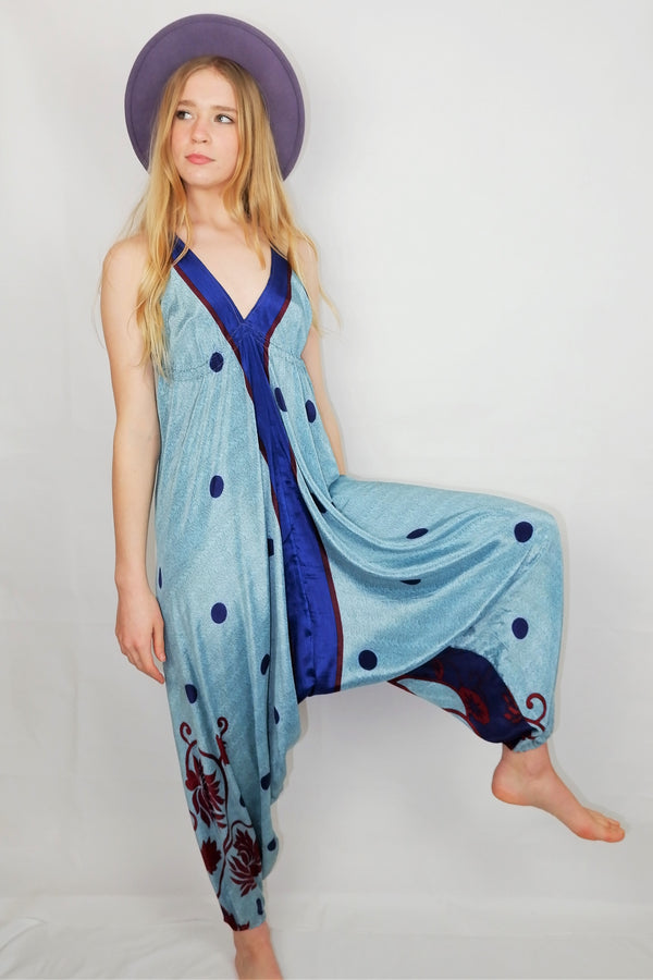 SALE Medusa Jumpsuit - Harem Pant Halter Jumpsuit - Icy Blue & Navy Polka Dot - S/M