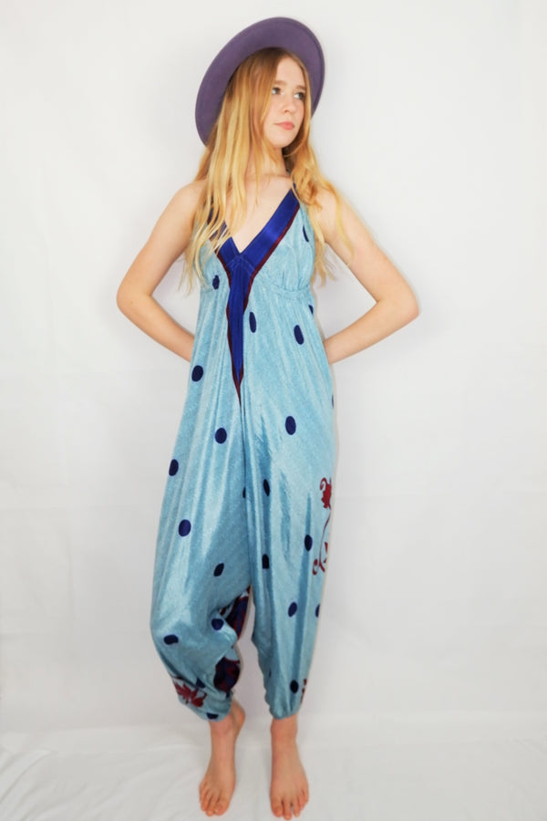 SALE Medusa Jumpsuit - Harem Pant Halter Jumpsuit - Icy Blue & Navy Polka Dot - S/M