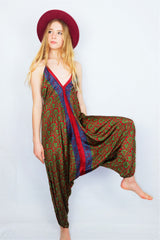 Medusa Jumpsuit - Harem Pant Halter Jumpsuit - Ruby & Green Floral Motif - S/M