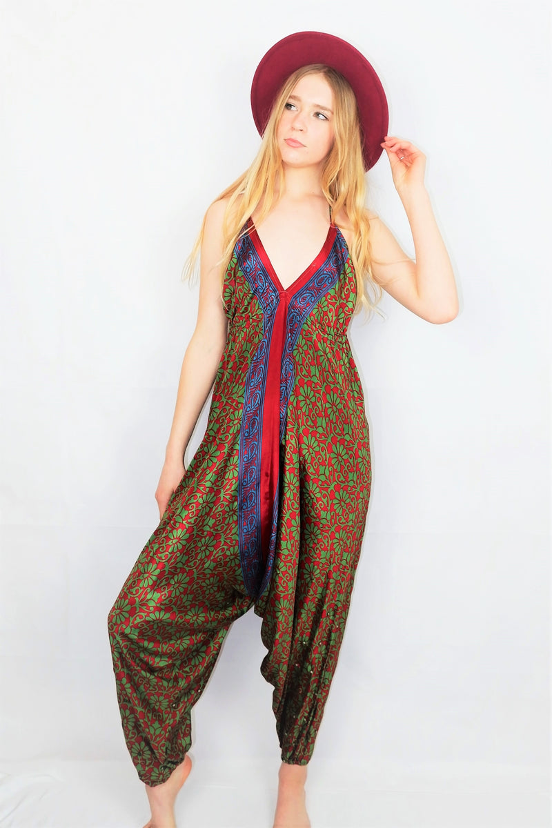 Medusa Jumpsuit - Harem Pant Halter Jumpsuit - Ruby & Green Floral Motif - S/M