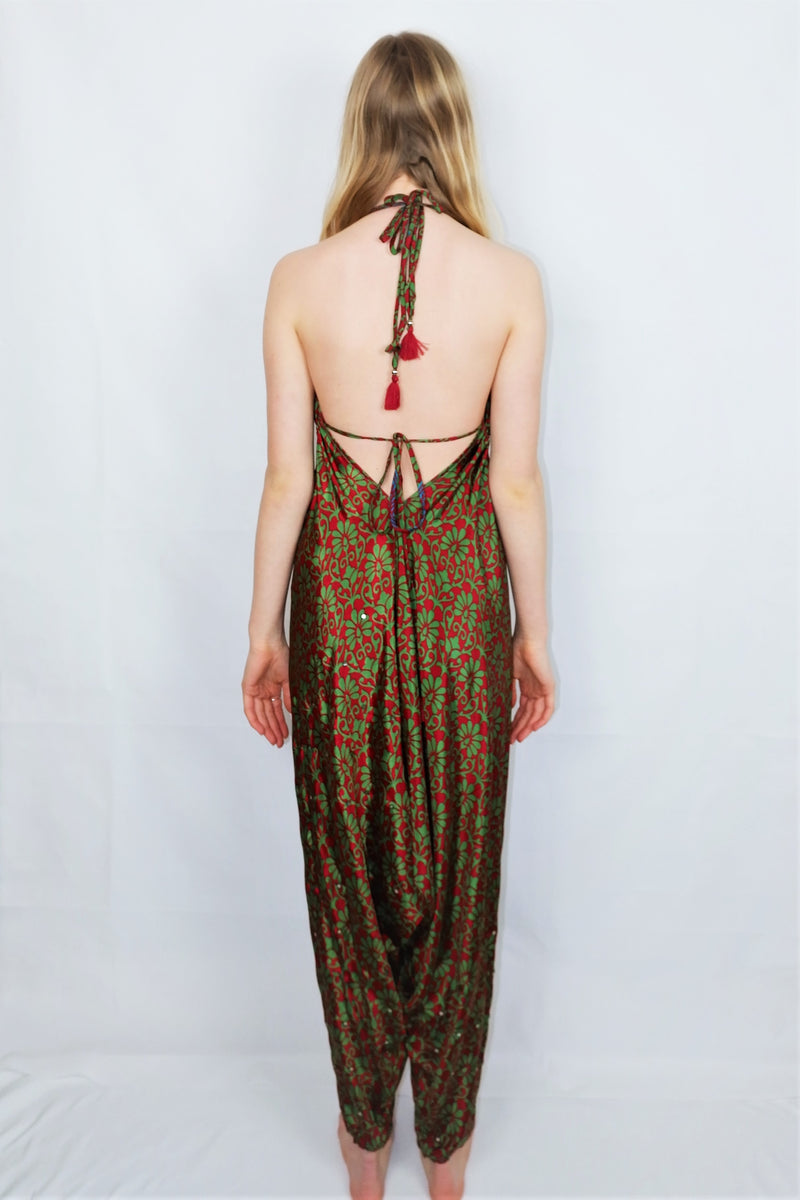 Medusa Jumpsuit - Harem Pant Halter Jumpsuit - Ruby & Green Floral Motif - S/M