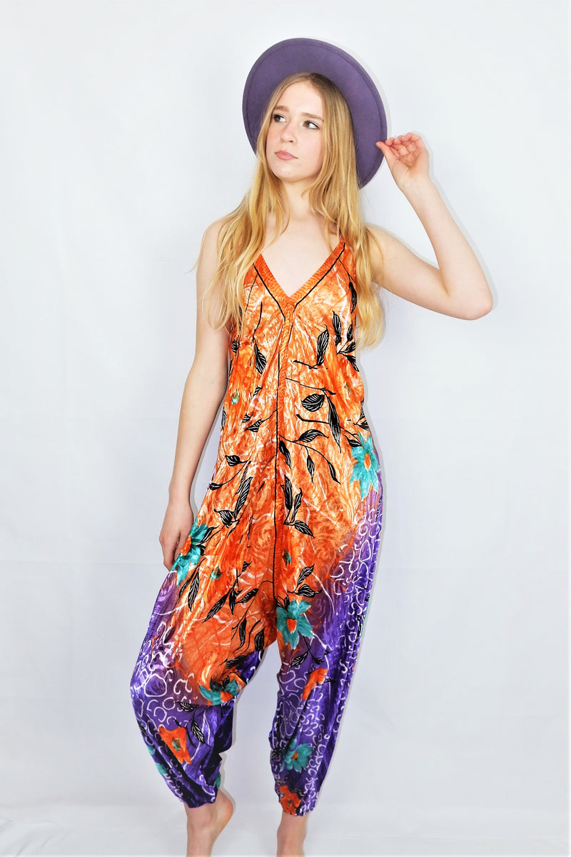 Medusa Jumpsuit - Harem Pant Halter Jumpsuit - Cantaloupe & Deep Violet Floral - XS