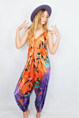 Medusa Jumpsuit - Harem Pant Halter Jumpsuit - Cantaloupe & Deep Violet Floral - XS