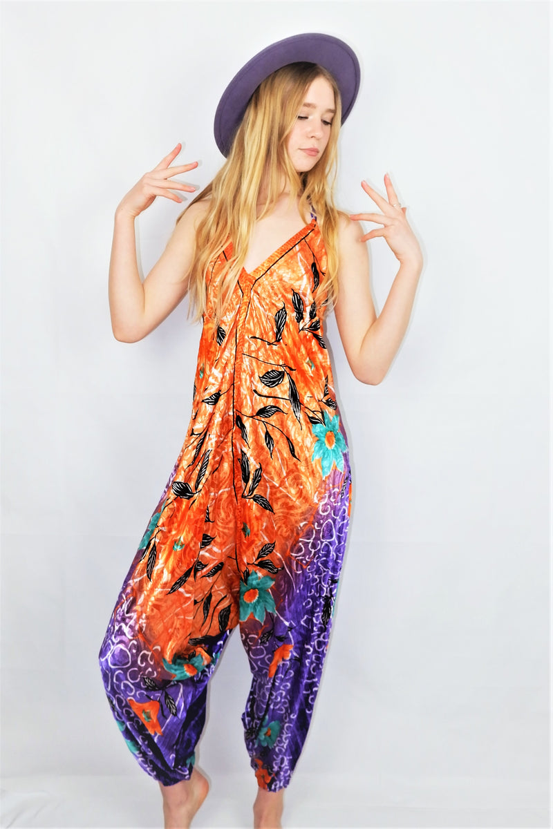 Medusa Jumpsuit - Harem Pant Halter Jumpsuit - Cantaloupe & Deep Violet Floral - XS