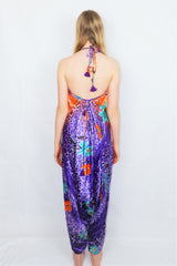 Medusa Jumpsuit - Harem Pant Halter Jumpsuit - Cantaloupe & Deep Violet Floral - XS