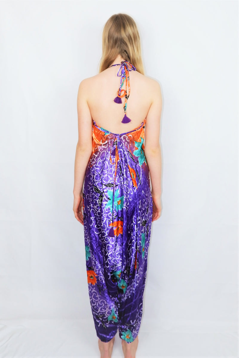 Medusa Jumpsuit - Harem Pant Halter Jumpsuit - Cantaloupe & Deep Violet Floral - XS