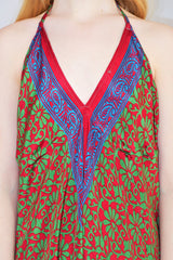 Medusa Jumpsuit - Harem Pant Halter Jumpsuit - Ruby & Green Floral Motif - S/M