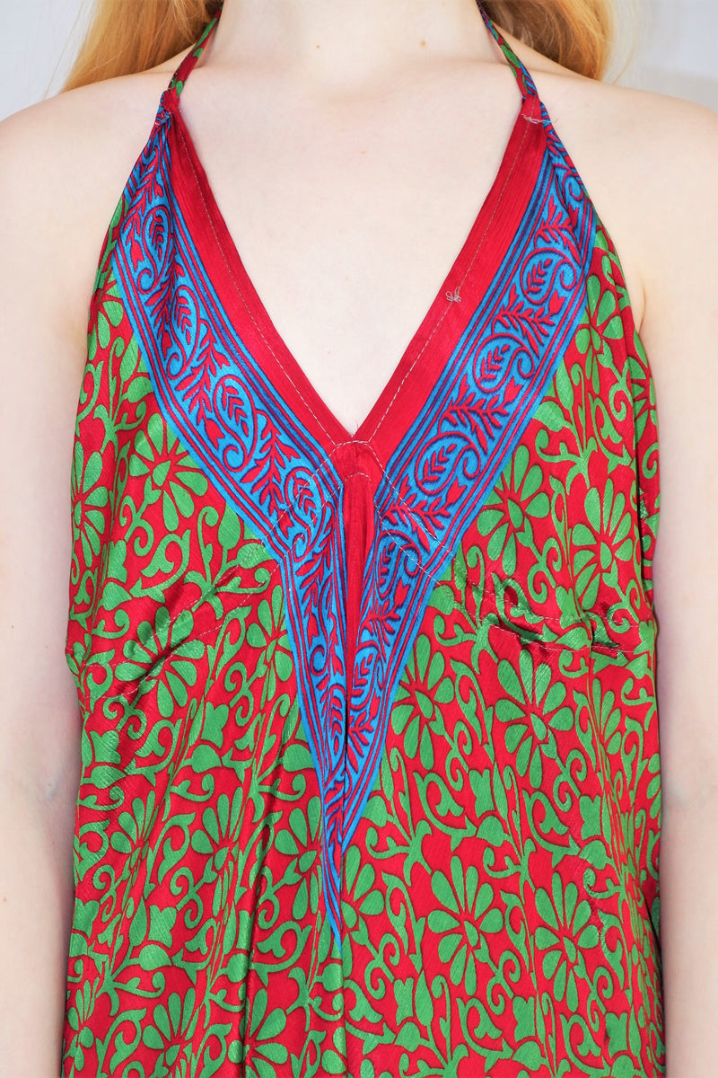 Medusa Jumpsuit - Harem Pant Halter Jumpsuit - Ruby & Green Floral Motif - S/M