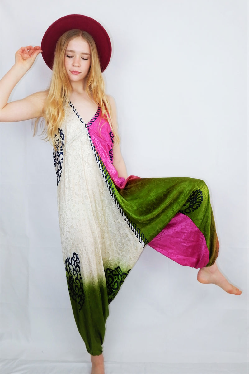 Medusa Jumpsuit - Harem Pant Halter Jumpsuit - Bright Contrast Floral Jacquard - S/M