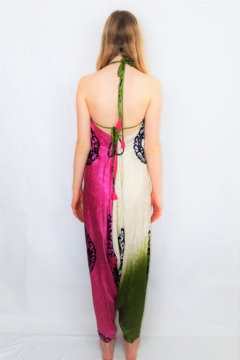 Medusa Jumpsuit - Harem Pant Halter Jumpsuit - Bright Contrast Floral Jacquard - S/M