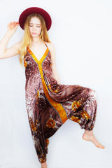 Medusa Jumpsuit - Harem Pant Halter Jumpsuit - Rosewood & Bright Orange Floral - XS