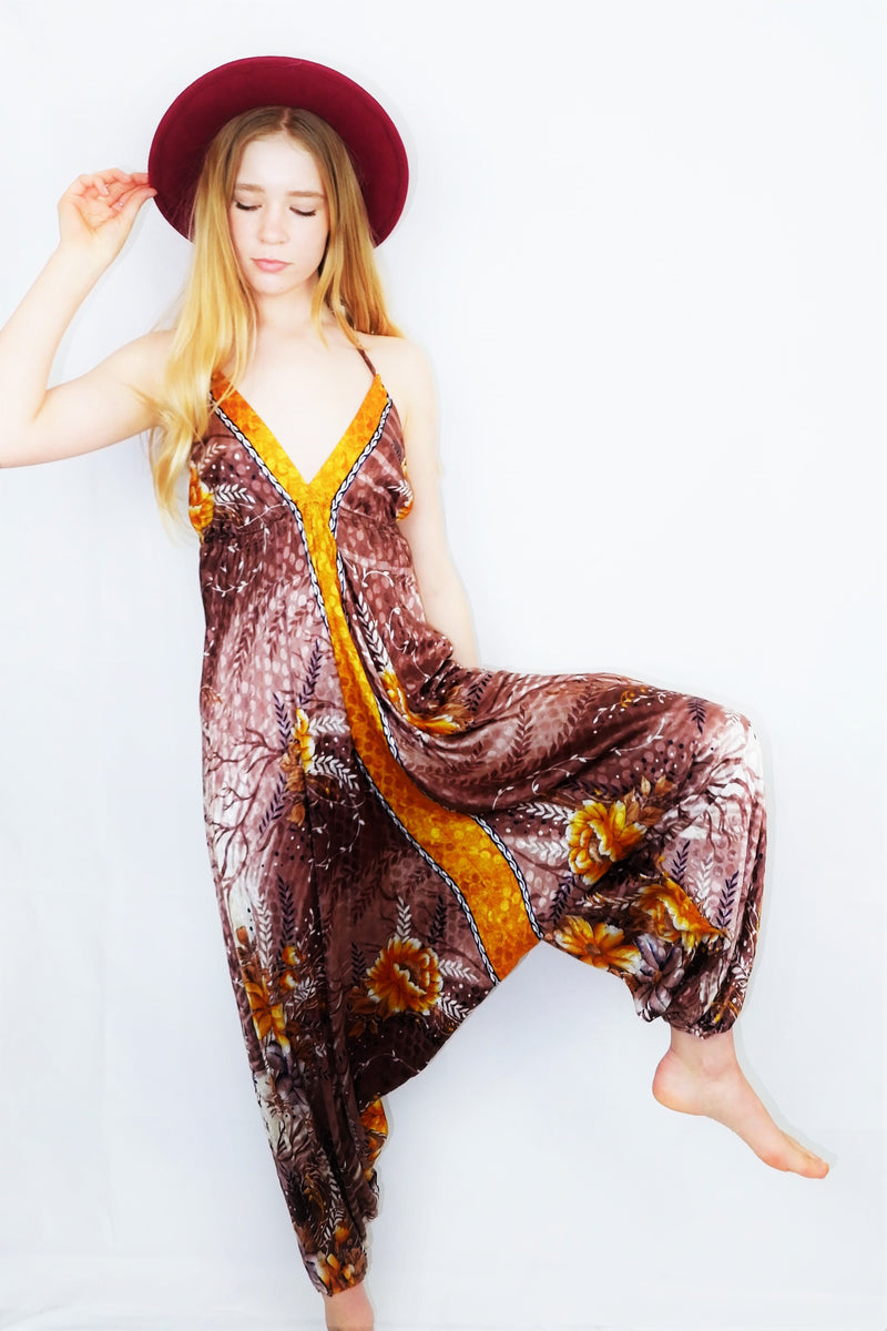 Medusa Jumpsuit - Harem Pant Halter Jumpsuit - Rosewood & Bright Orange Floral - XS