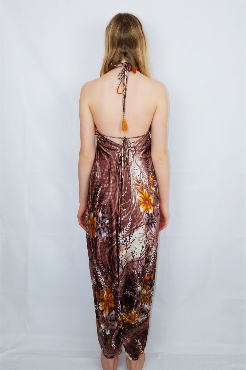 Medusa Jumpsuit - Harem Pant Halter Jumpsuit - Rosewood & Bright Orange Floral - XS