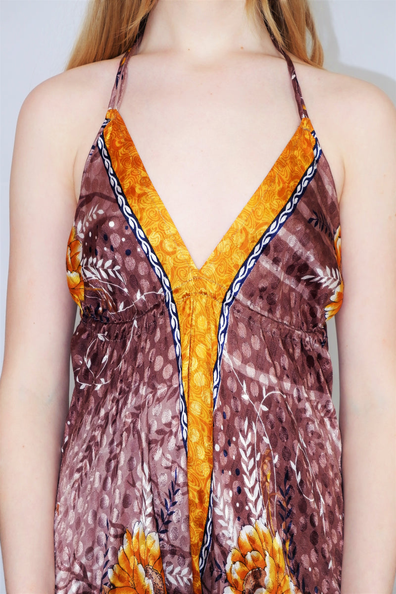 Medusa Jumpsuit - Harem Pant Halter Jumpsuit - Rosewood & Bright Orange Floral - XS