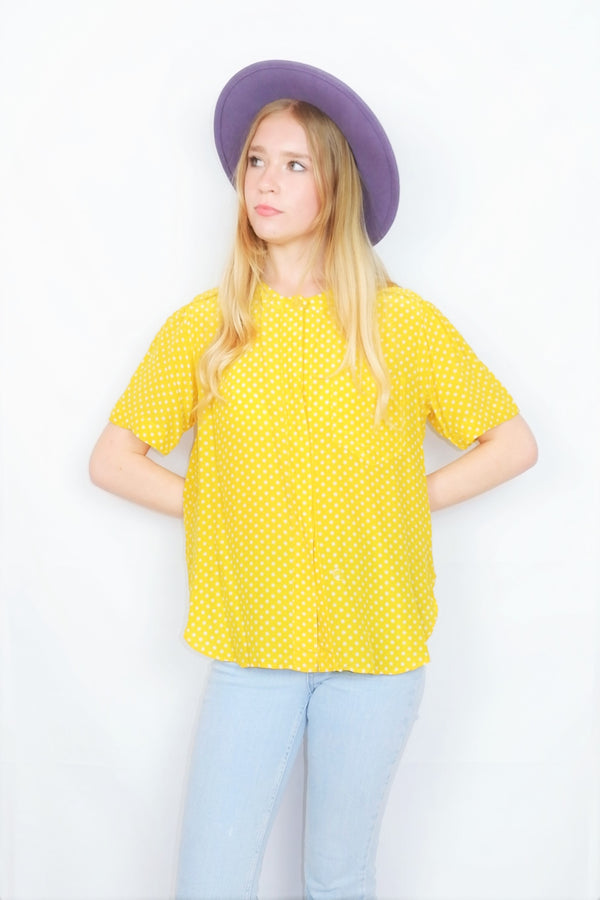 70's Vintage Silk Shirt - Sunshine Yellow Polka Dot - Size M/L