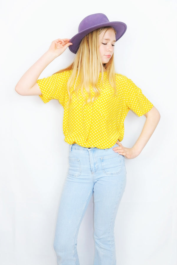 70's Vintage Silk Shirt - Sunshine Yellow Polka Dot - Size M/L