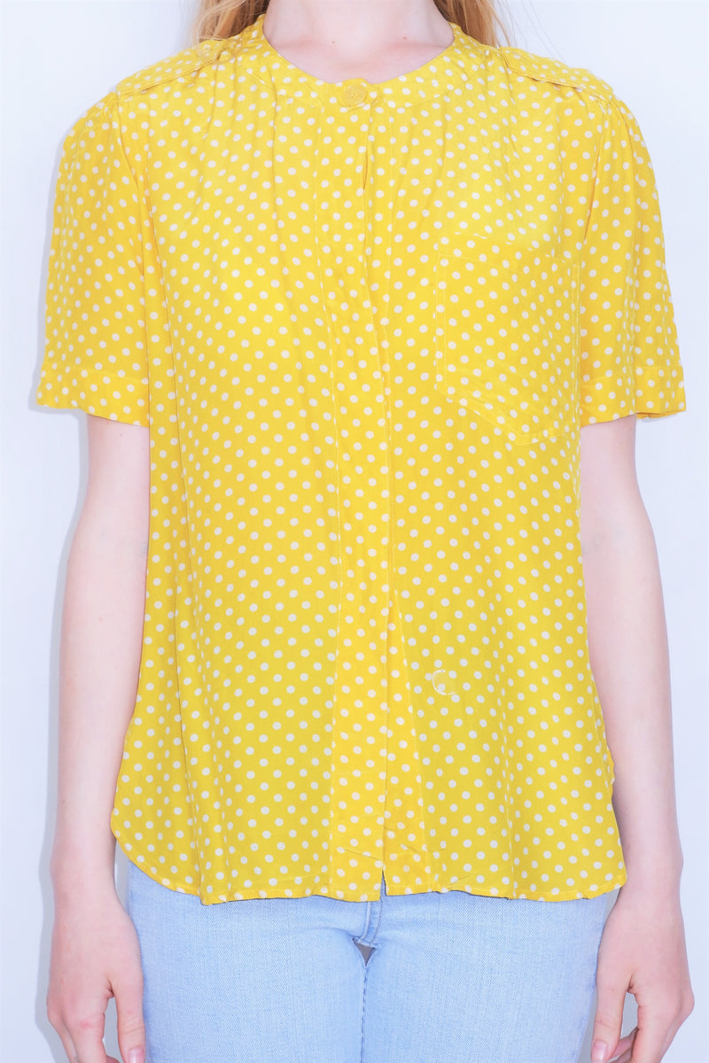 70's Vintage Silk Shirt - Sunshine Yellow Polka Dot - Size M/L