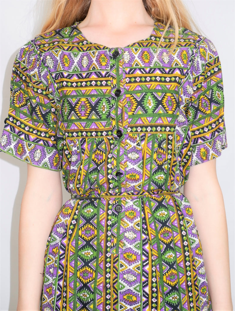 Vintage Graphic Smock Dress - Green, Black & Yellow - Free Size