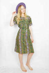Vintage Graphic Smock Dress - Green, Black & Yellow - Free Size