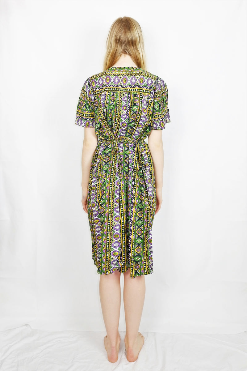 Vintage Graphic Smock Dress - Green, Black & Yellow - Free Size
