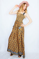 Farrah Ruched Strappy Dress - Vintage Indian Sari - Gold & Pewter Paisley - XXS - M