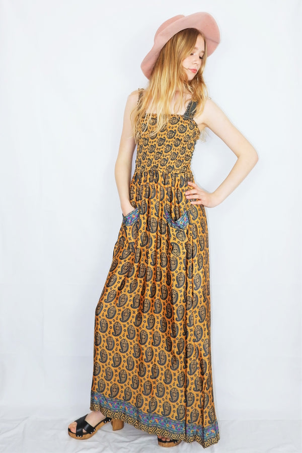 Farrah Ruched Strappy Dress - Vintage Indian Sari - Gold & Pewter Paisley - XXS - M