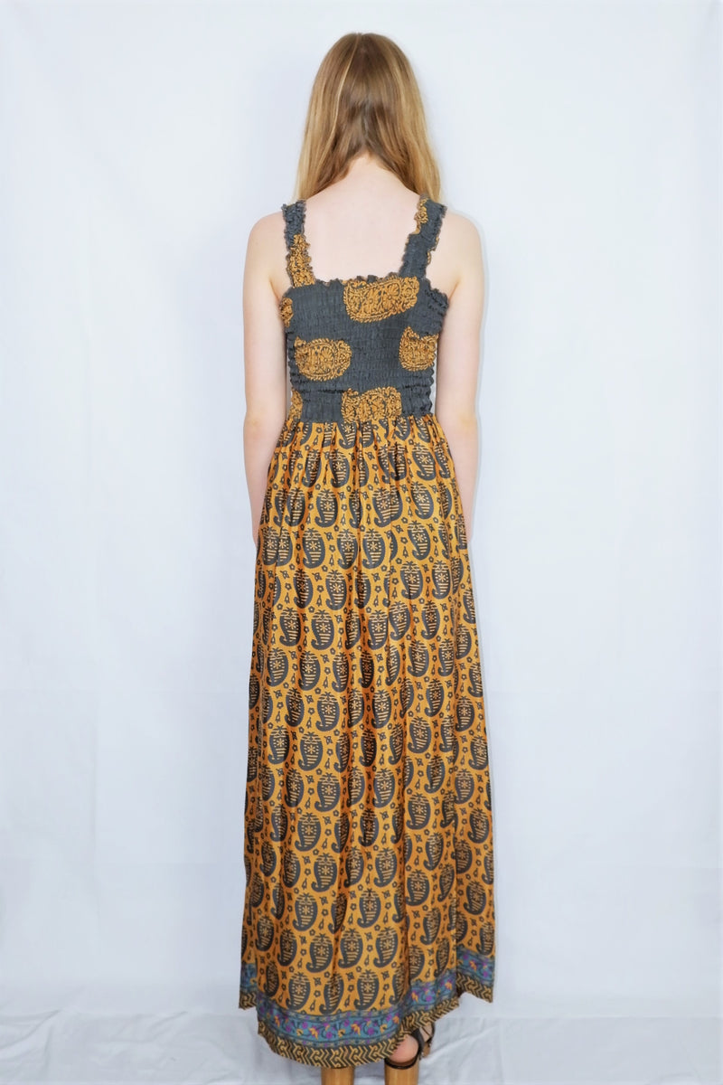 Farrah Ruched Strappy Dress - Vintage Indian Sari - Gold & Pewter Paisley - XXS - M