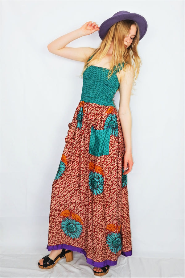 Farrah Ruched Strappy Dress - Vintage Indian Sari - Jade Sunflower Print - XS - S/M