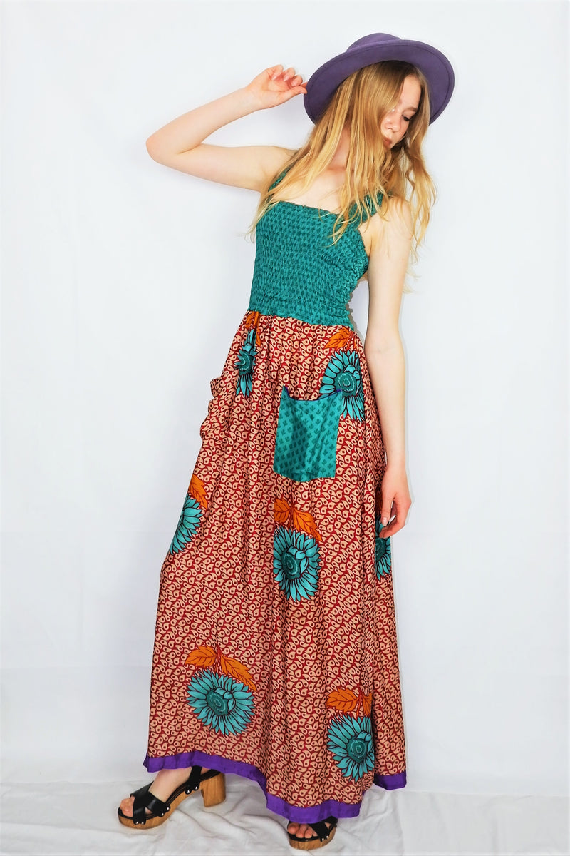 Farrah Ruched Strappy Dress - Vintage Indian Sari - Jade Sunflower Print - XS - S/M