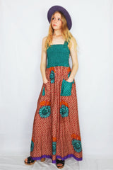 Farrah Ruched Strappy Dress - Vintage Indian Sari - Jade Sunflower Print - XS - S/M