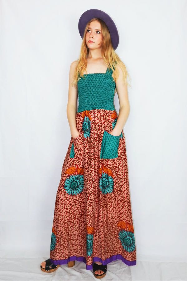 Farrah Ruched Strappy Dress - Vintage Indian Sari - Jade Sunflower Print - XS - S/M