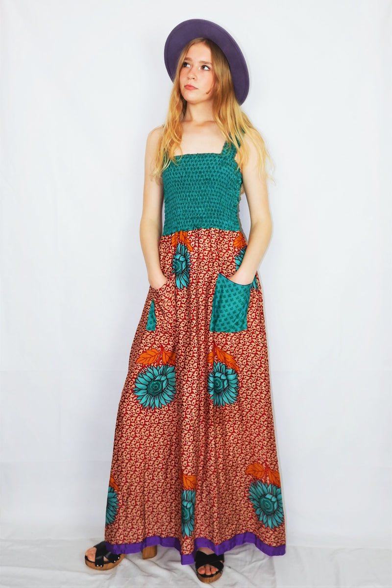 Farrah Ruched Strappy Dress - Vintage Indian Sari - Jade Sunflower Print - XS - S/M