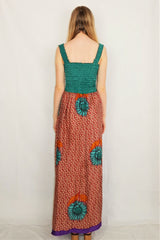 Farrah Ruched Strappy Dress - Vintage Indian Sari - Jade Sunflower Print - XS - S/M