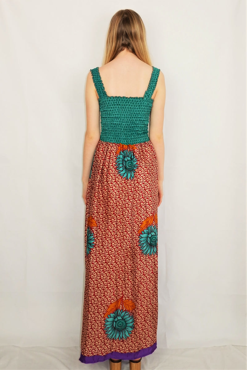 Farrah Ruched Strappy Dress - Vintage Indian Sari - Jade Sunflower Print - XS - S/M