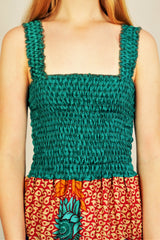 Farrah Ruched Strappy Dress - Vintage Indian Sari - Jade Sunflower Print - XS - S/M