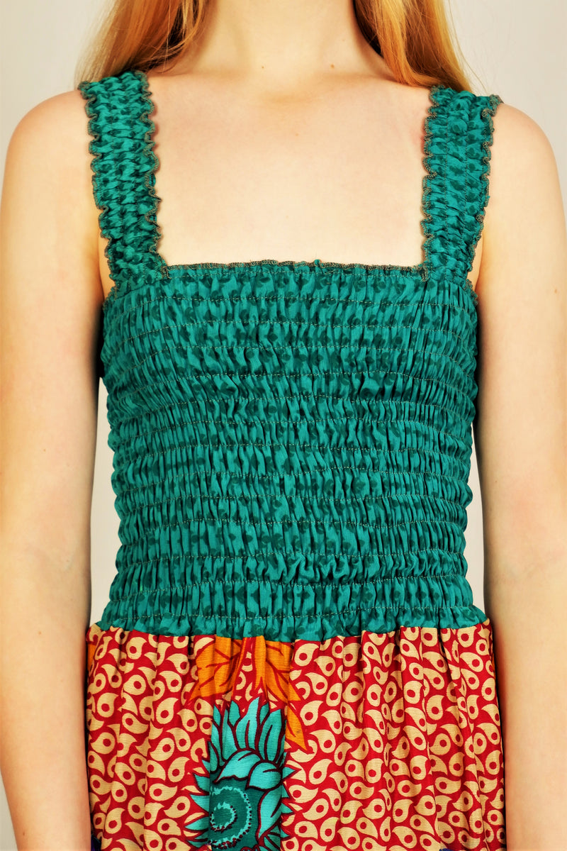 Farrah Ruched Strappy Dress - Vintage Indian Sari - Jade Sunflower Print - XS - S/M