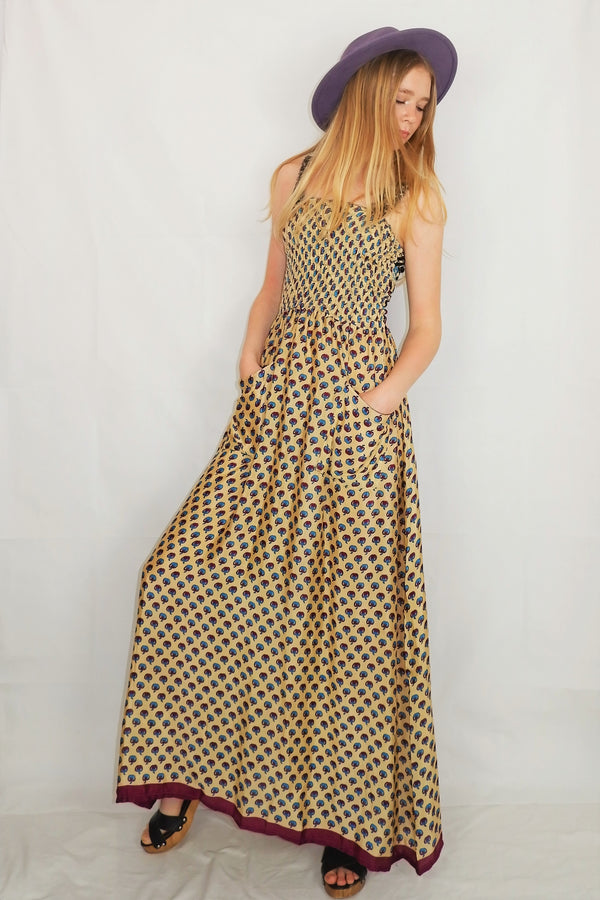 Farrah Ruched Strappy Dress - Vintage Indian Sari - Cream Cute Apples - XS - M