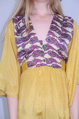 Lunar Mini Dress - Vintage Indian Sari - Laguna Yellow & Magenta Paisley - Free Size M/L