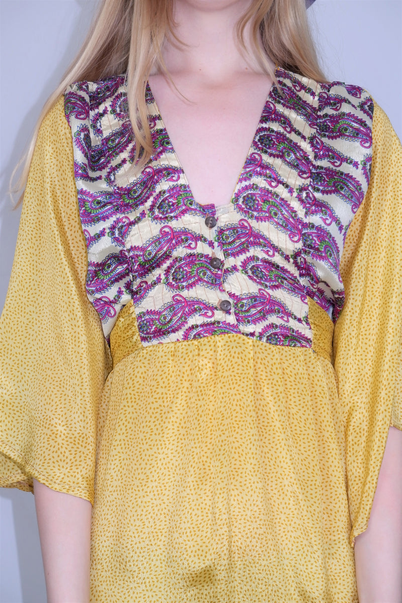 Lunar Mini Dress - Vintage Indian Sari - Laguna Yellow & Magenta Paisley - Free Size M/L