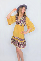 Lunar Mini Dress - Vintage Indian Sari - Laguna Yellow & Magenta Paisley - Free Size M/L