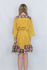 Lunar Mini Dress - Vintage Indian Sari - Laguna Yellow & Magenta Paisley - Free Size M/L