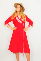 70s Vintage Dress - Bright Red with Sheer White Frills - XXS