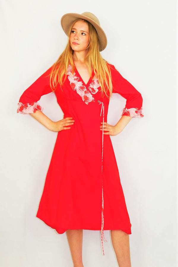 70s Vintage Dress - Bright Red with Sheer White Frills - XXS