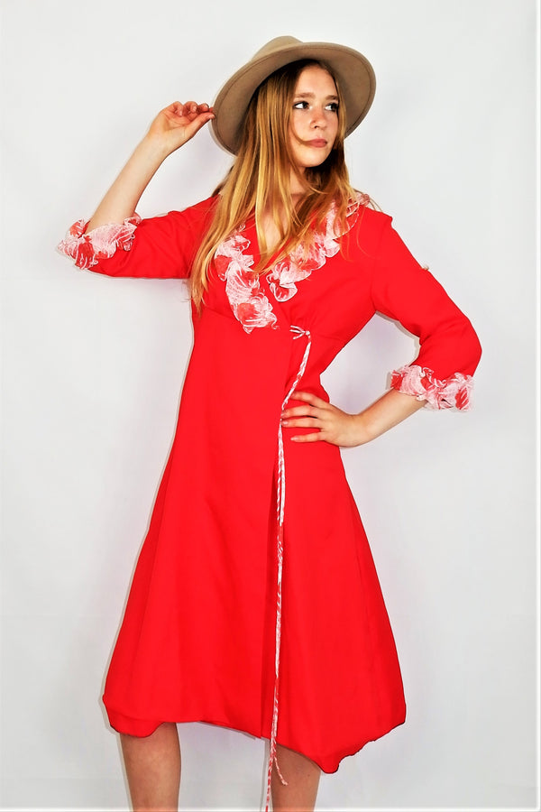 70s Vintage Dress - Bright Red with Sheer White Frills - XXS