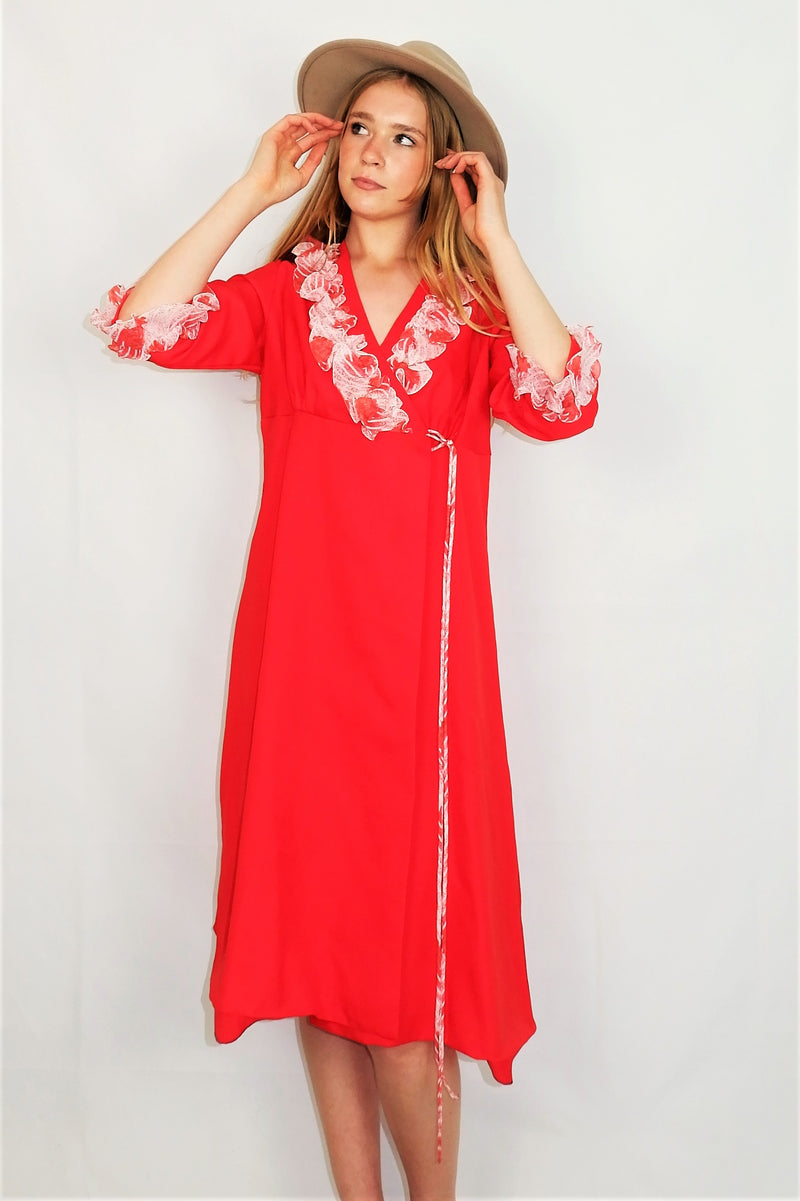 70s Vintage Dress - Bright Red with Sheer White Frills - XXS